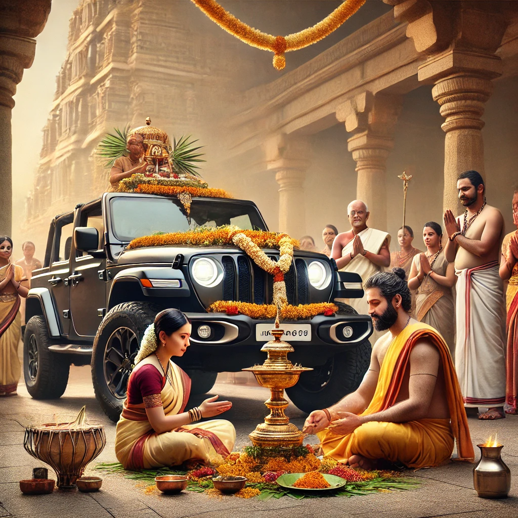 reduceddalle20250322103646ahighlyrealisticandtraditionalkannadastylenewvehiclepoojaceremonytakingplaceinfrontofasouthindiantempleablackjeepwranglerisd